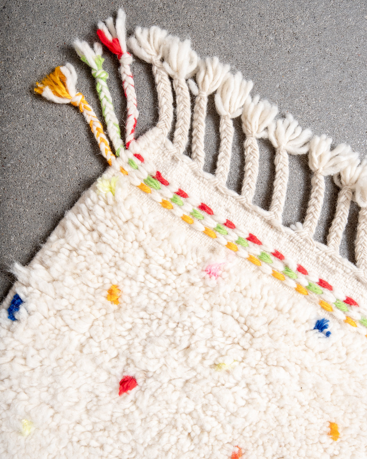Modern, designer, handcrafted Berber rug from Morocco. Beniourain carpet with beautiful colours and patterns and fluffy wool texture.